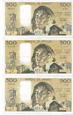 Lot 3 notes Banque de France 500 Francs Pascal 1973-1974-1975 Fine+