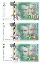Lot 3 notes Banque de France 500 Francs Marie Pierre Curie VF