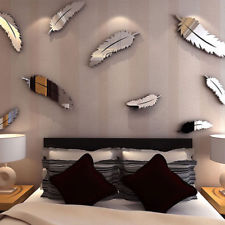 8Pcs Silver Feather 3D Mirror Wall Art Stickers Decal Home Bedroom Mural Decor