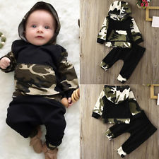 2pcs Bébé Nouveau-Né Garçon Camouflage à Capuche T-Shirt + Pantalon Tenues Habit